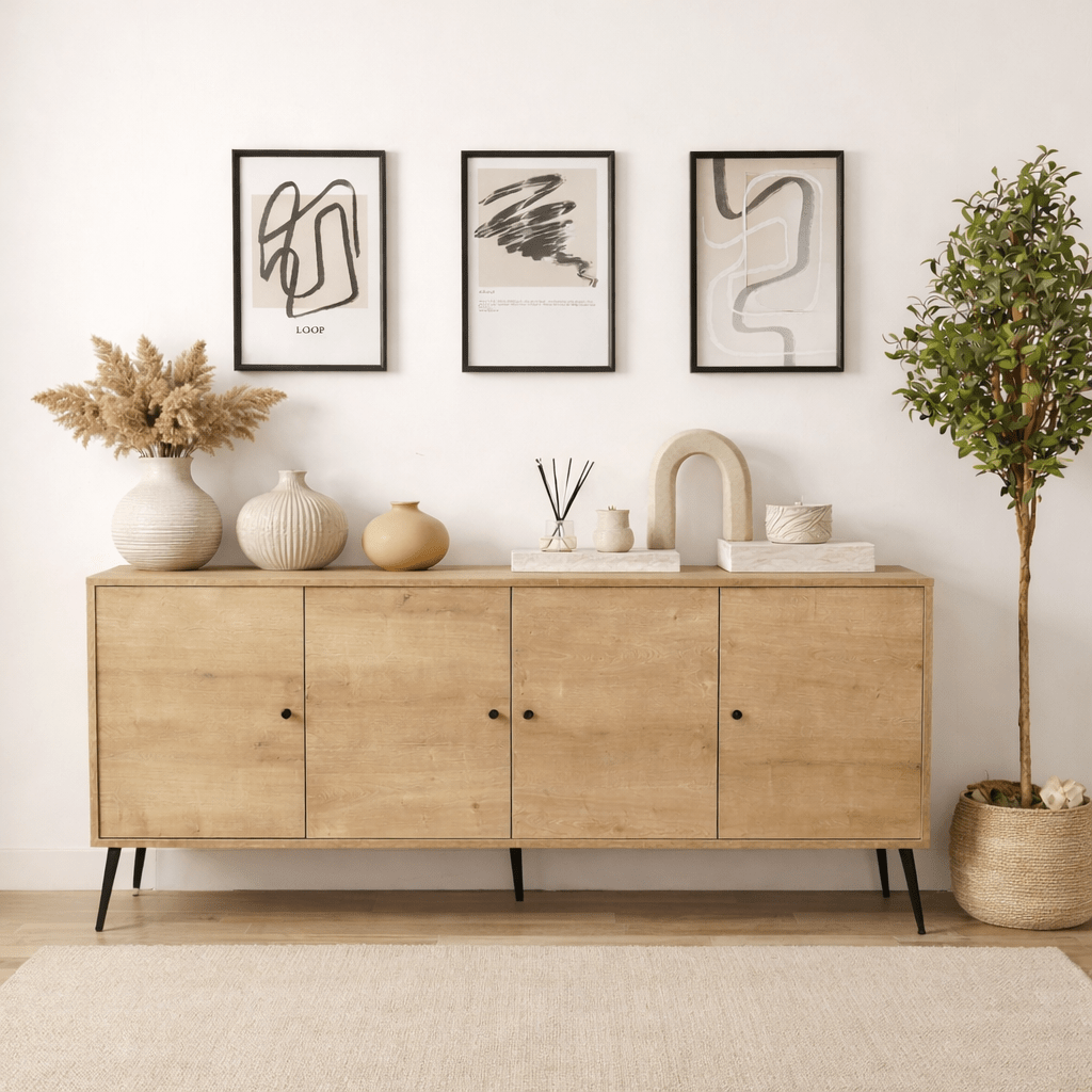 Buffet Calvin aspect chêne à fermeture amortie 180 cm Mélamine - Quatre portes