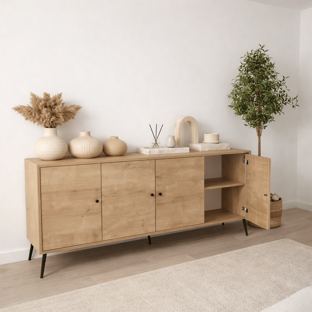Buffet Calvin aspect chêne à fermeture amortie 180 cm Mélamine - Quatre portes