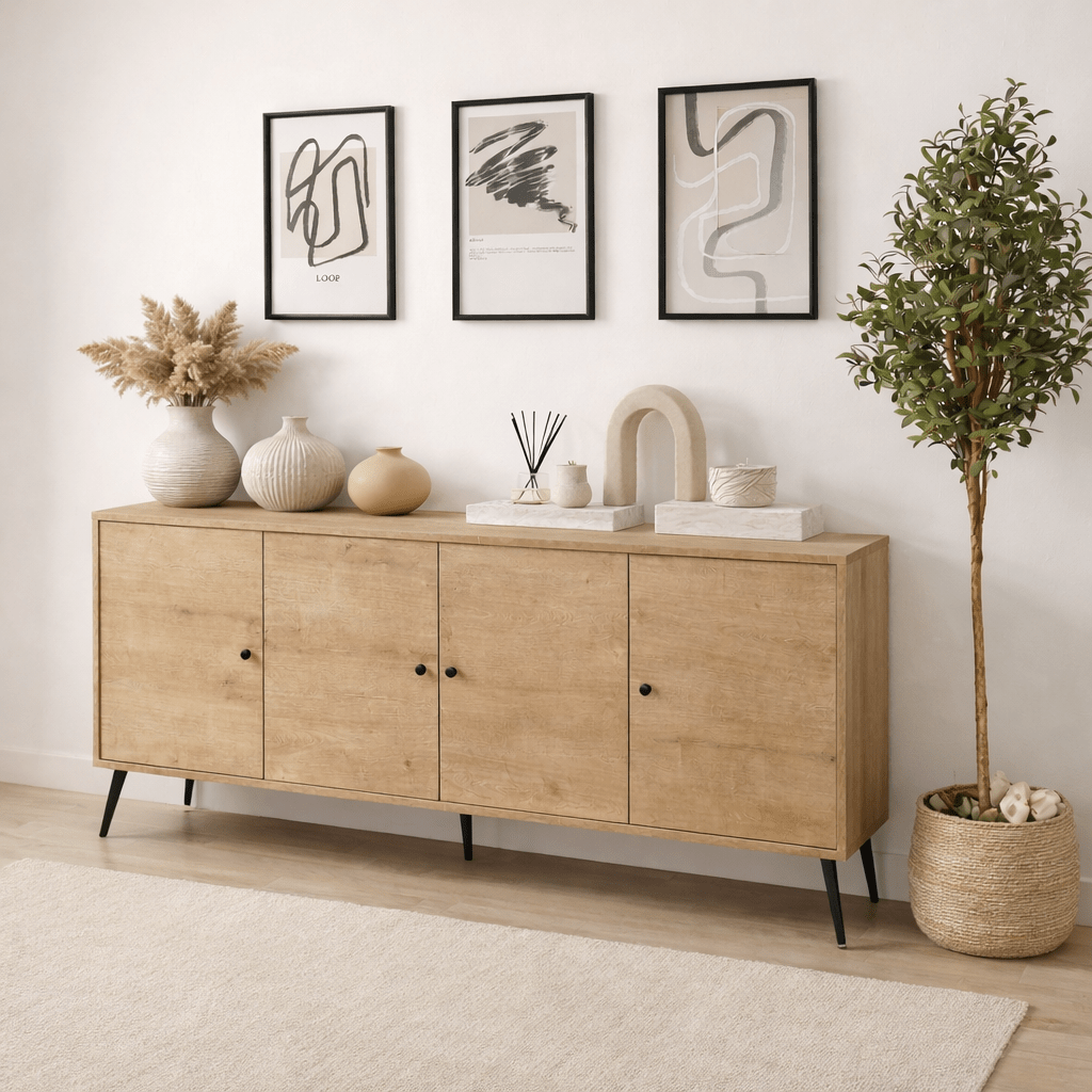 Buffet Calvin aspect chêne à fermeture amortie 180 cm Mélamine - Quatre portes