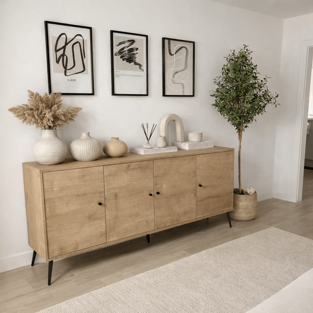 Buffet Calvin aspect chêne à fermeture amortie 180 cm Mélamine - Quatre portes