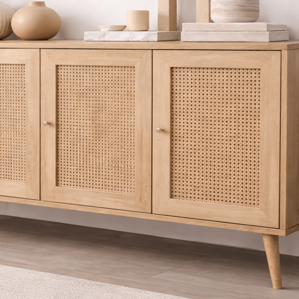 Calvin Buffet aspect rotin-chêne avec fermeture amortie 180 cm mélamine
