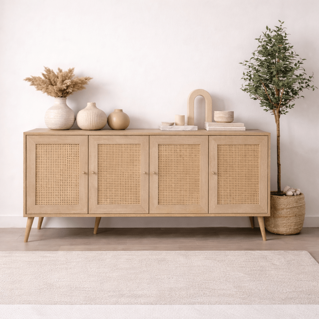 Calvin Buffet aspect rotin-chêne avec fermeture amortie 180 cm mélamine