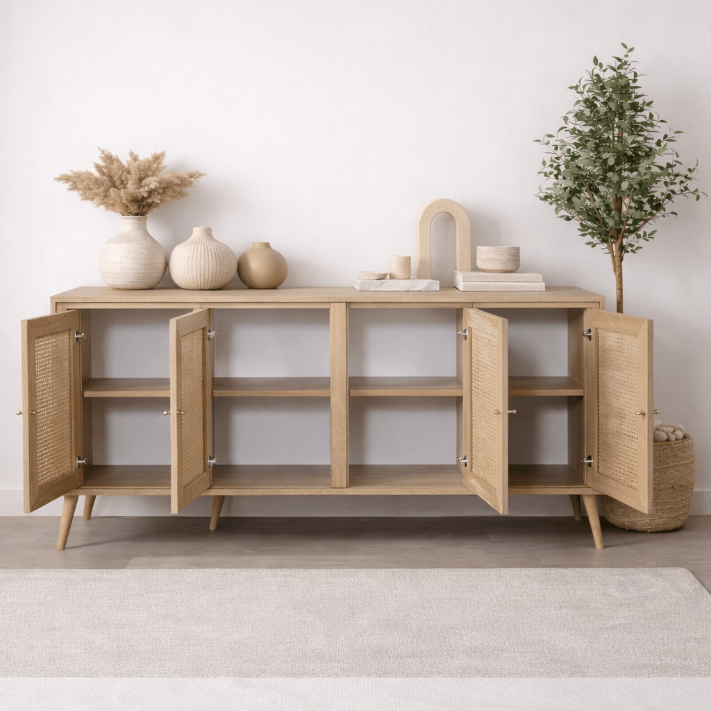 Calvin Buffet aspect rotin-chêne avec fermeture amortie 180 cm mélamine