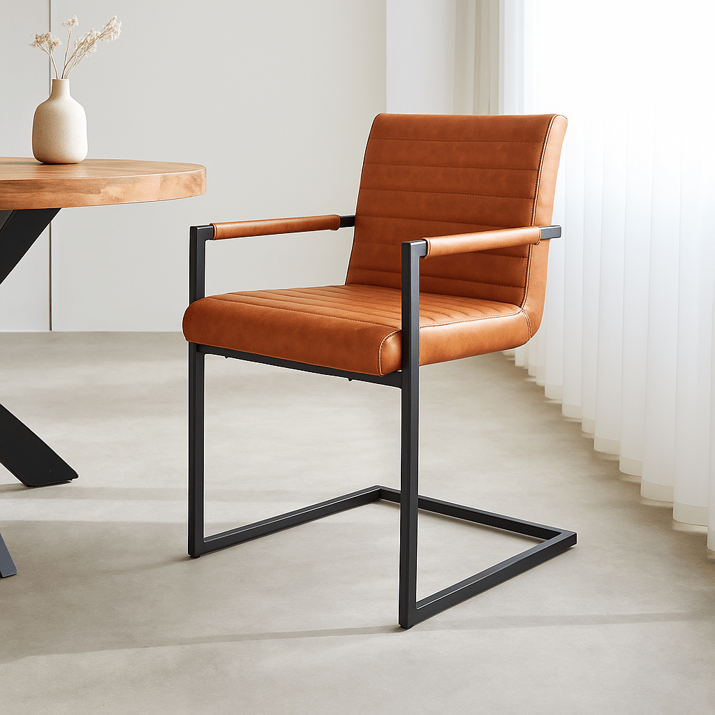Chaise de salle à manger industrielle Cognac Kuba - Similicuir - Avec accoudoirs