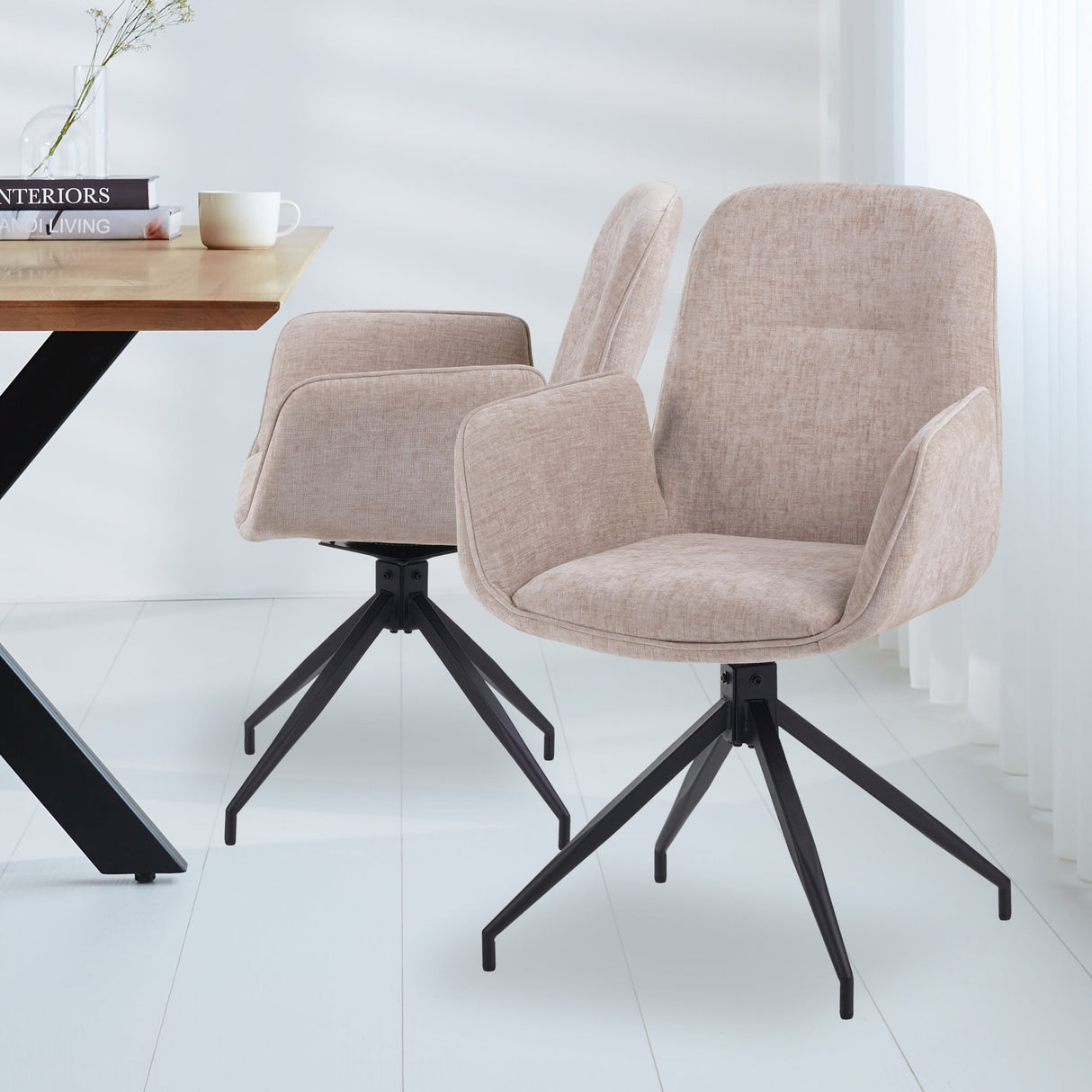 Ensemble de 4 Chaises de Salle à Manger Pivotantes Nela Chenille Beige - Avec Accoudoirs