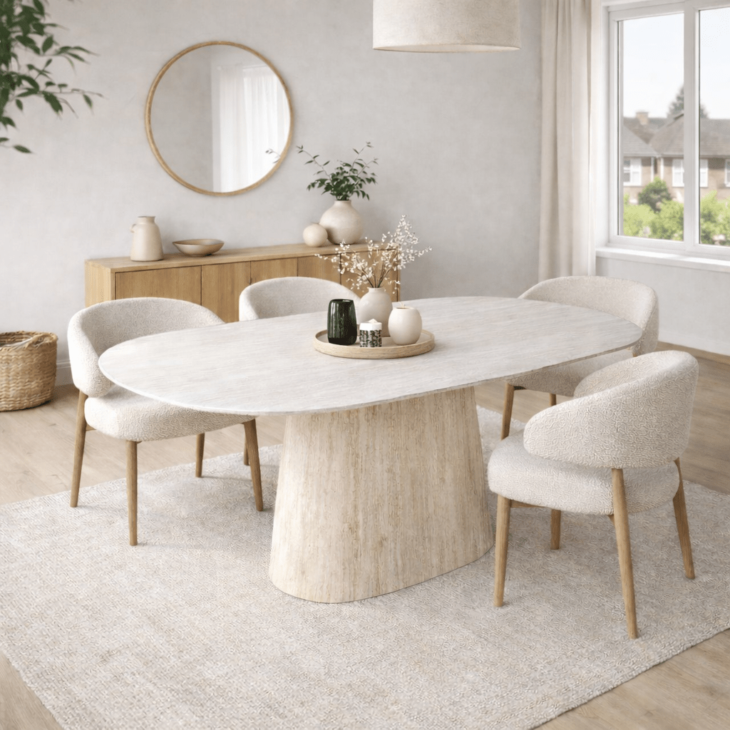 Table à manger en travertin aspect marbre en pierre frittée Lea 180x90 cm - Ovale danois