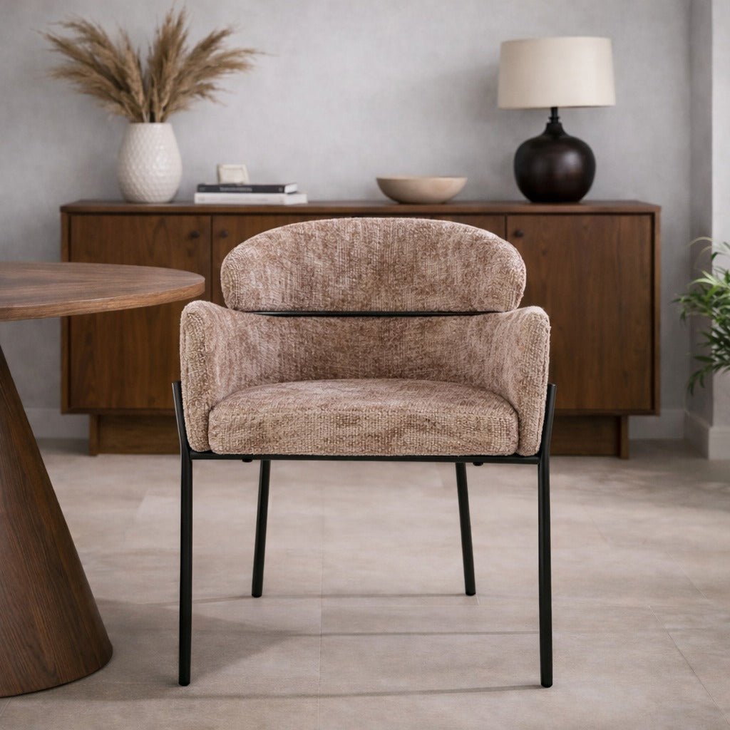 Chaise de salle à manger Lola en tissu Bouclé Champagne avec dossier rond et bras