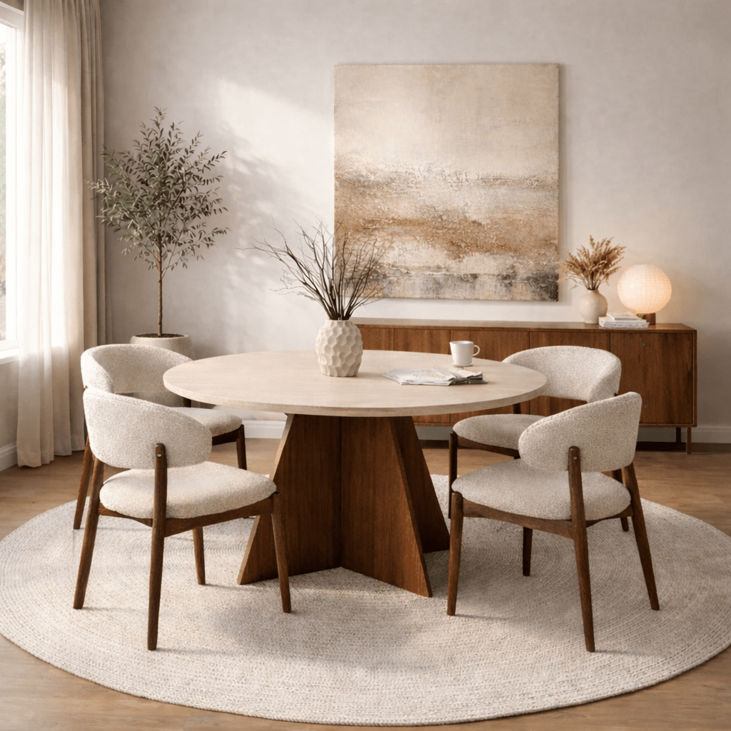 Eettafels - Eetkamertafel rond Walnoot met Travertin top - 120 cm - Mary - Dimehouse