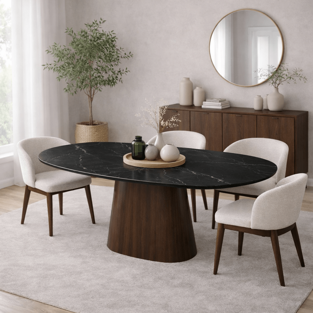 Table à manger en pierre frittée look marbre Travertin Lea 180x90 cm - Cadre en noyer - Ovale danois
