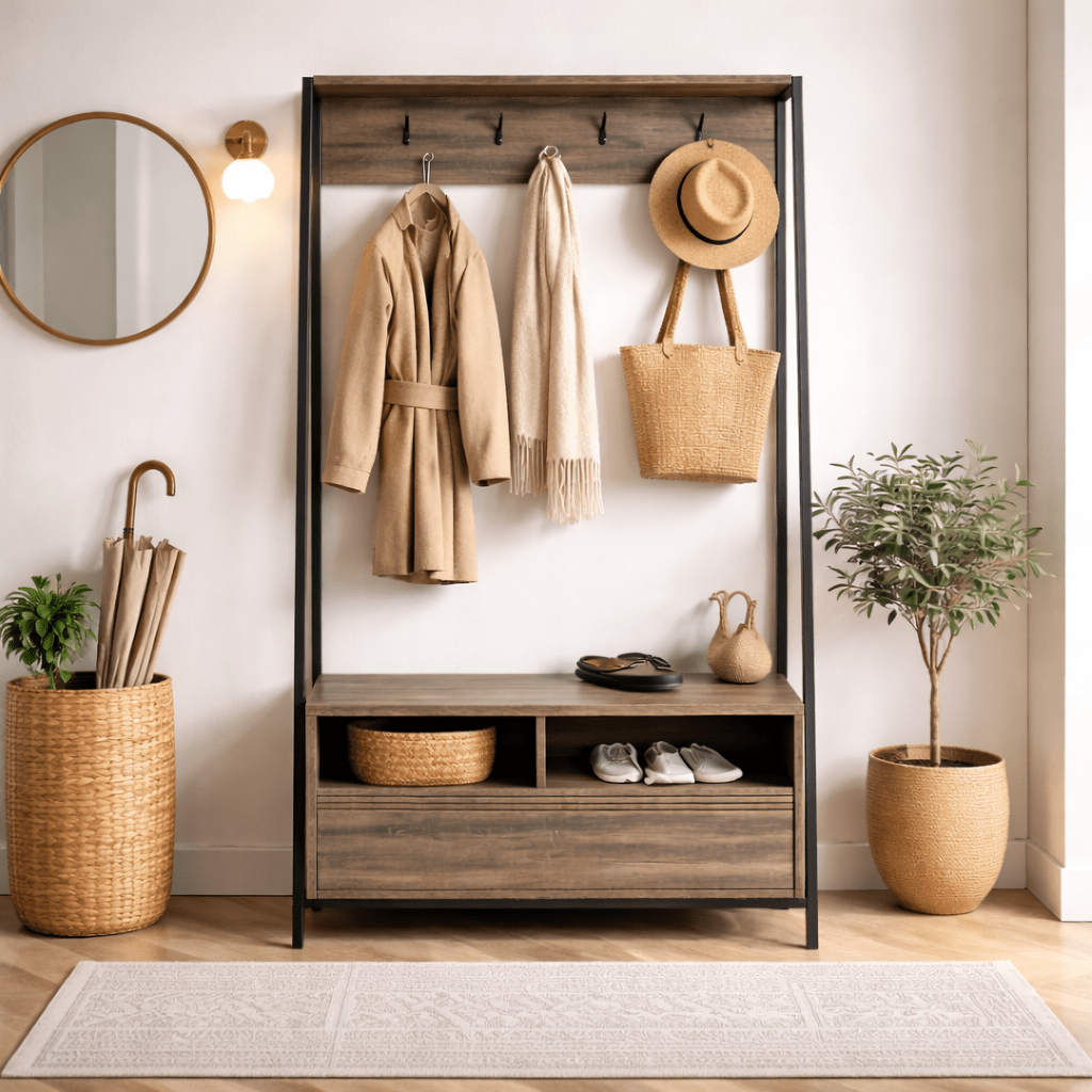 Meuble de rangement Porte-manteau Noyer Mélamine Devon - Avec Compartiments et Tiroir
