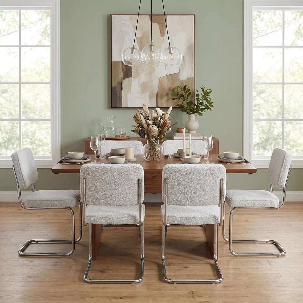 Eetkamerstoelen-Moderne Eetkamerstoel Grijs Bouclé Stof Sway - Chrome Frame - Zonder Armleuningen-Dimehouse
