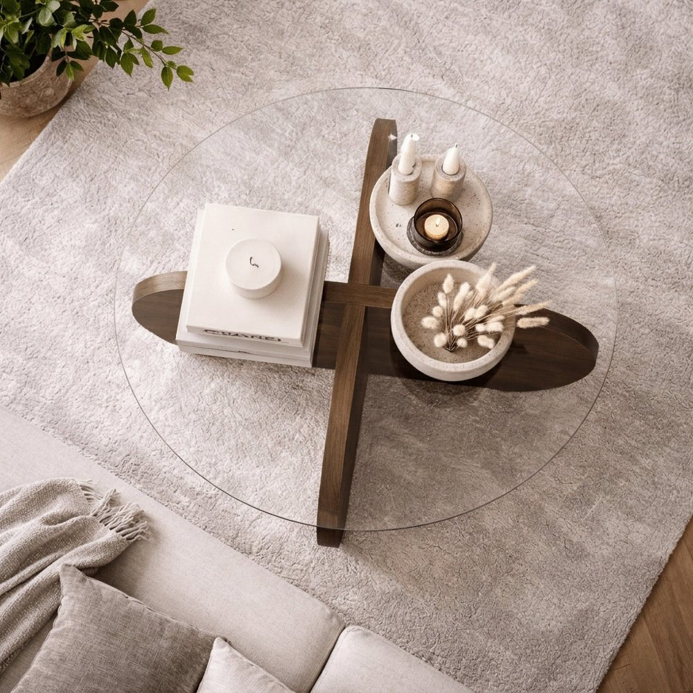Salontafels-Ronde salontafel Aris walnoot melamine en transparant glas 75 cm-Dimehouse