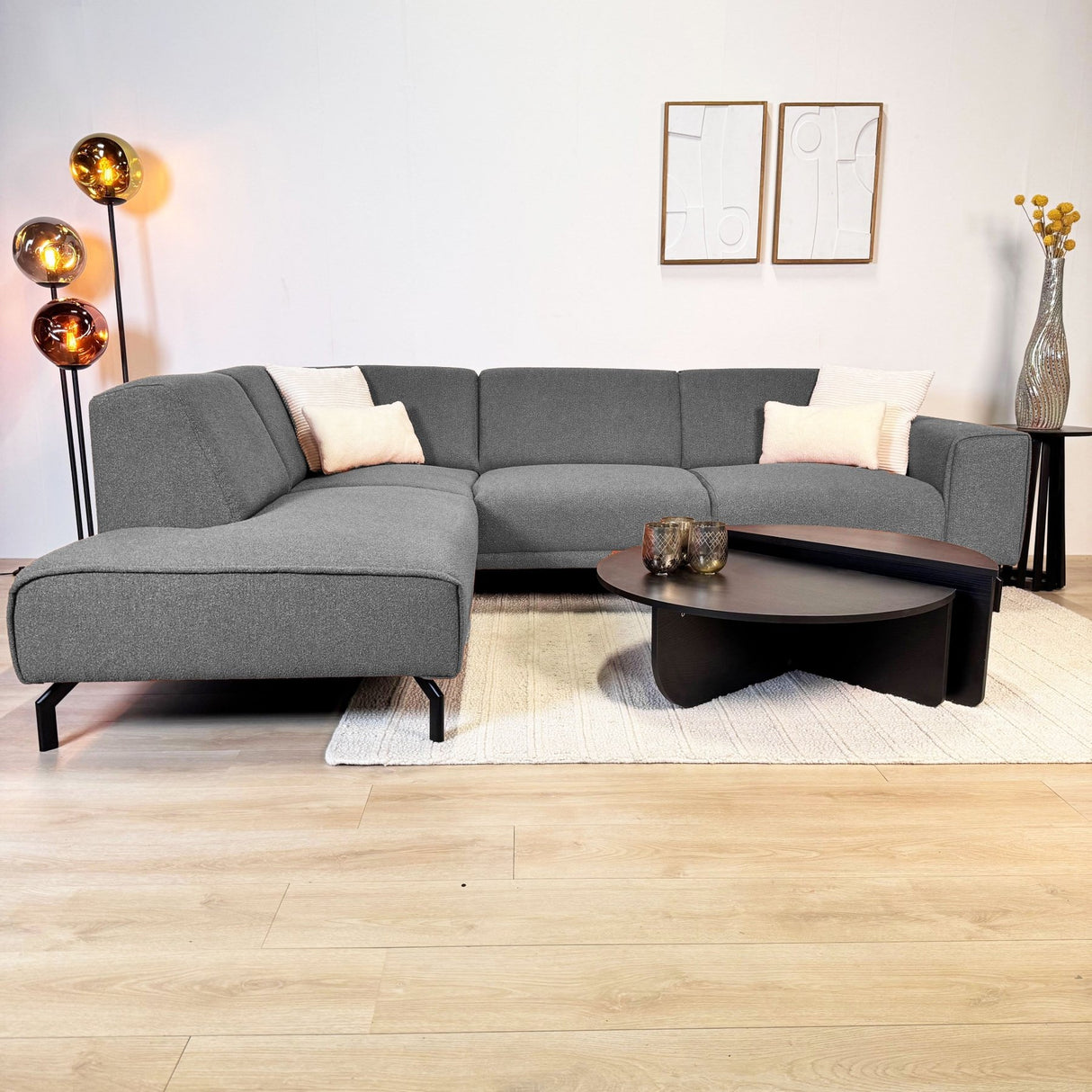 Canapé d'angle en tissu bouclé gris Maël - gauche