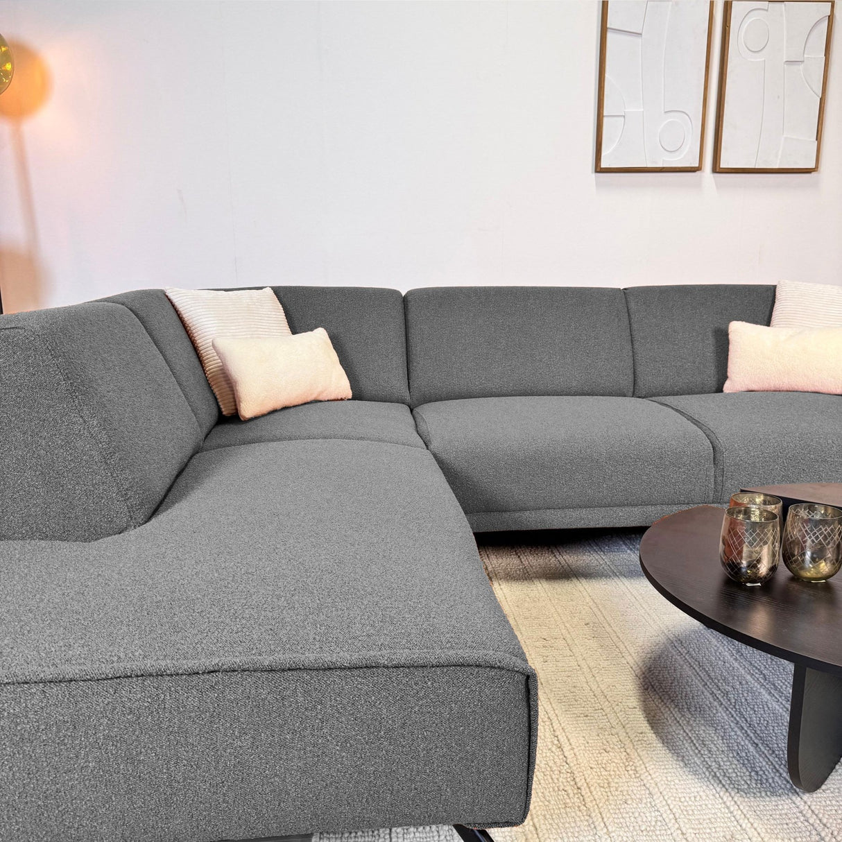 Canapé d'angle en tissu bouclé gris Maël - gauche