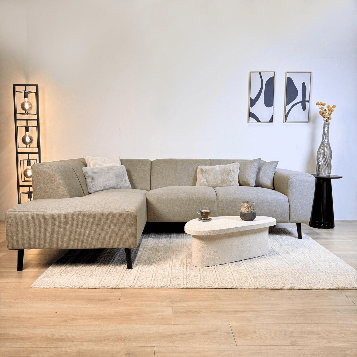 Canapé d'angle avec lounge compacte beige en tissu recyclé Moby - gauche