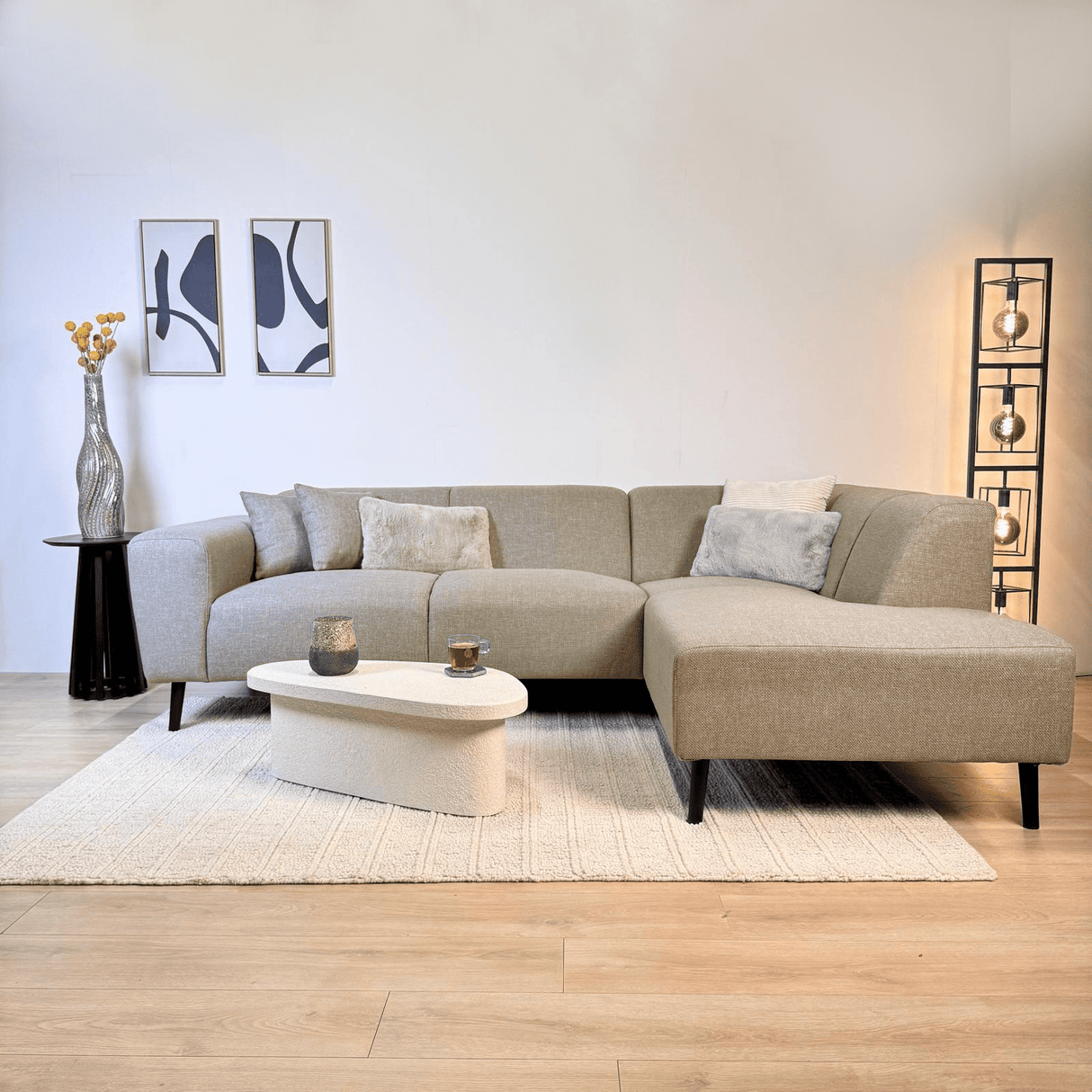 Canapé d'angle avec lounge compacte en tissu recyclé beige Moby - droit