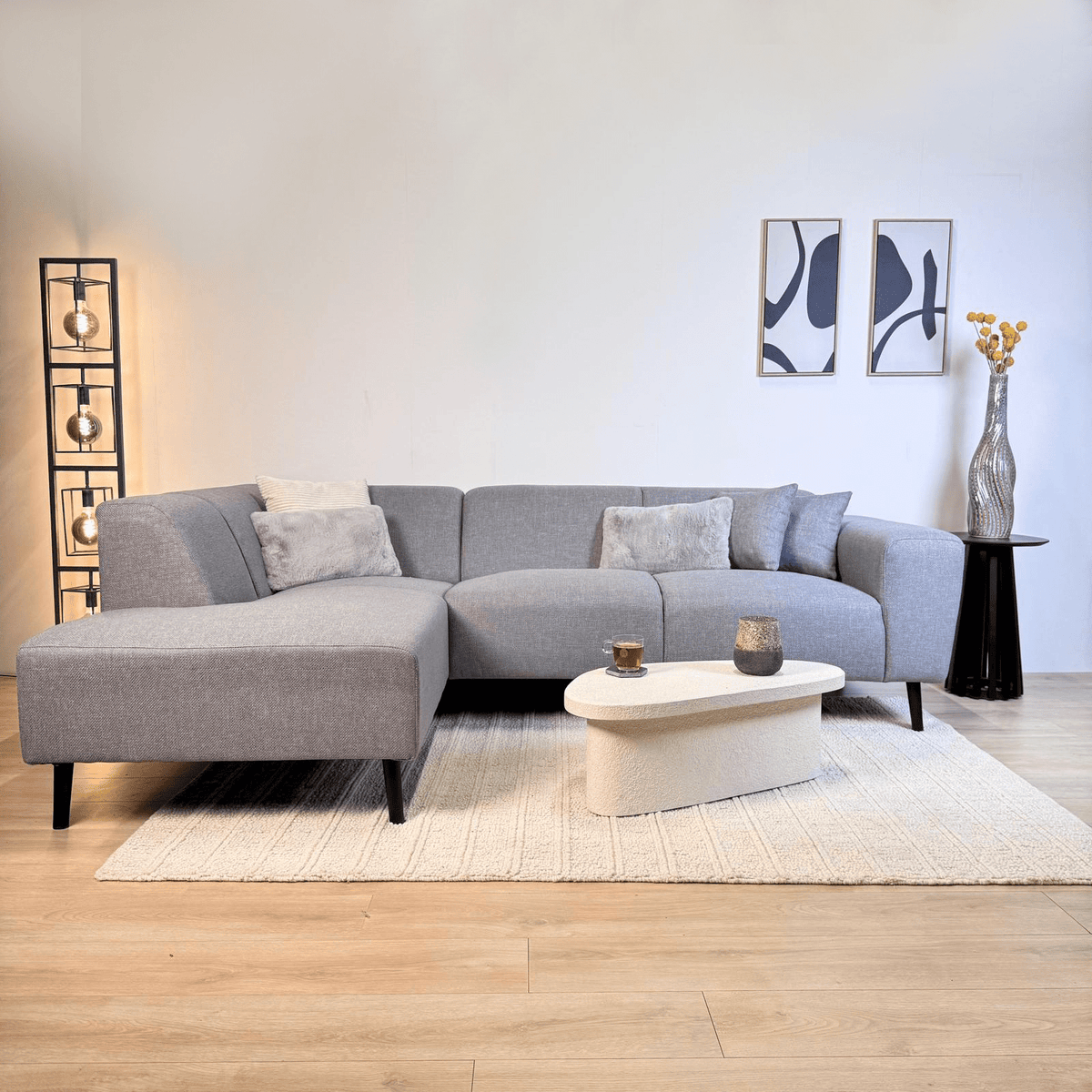 Canapé d'angle Moby Bleu gris avec salon compact et tissu recyclé - Gauche