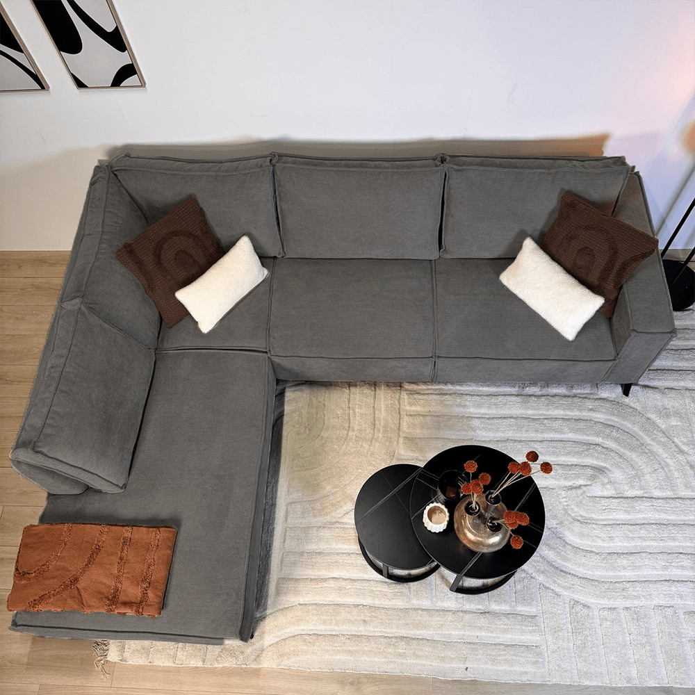 Canapé d'angle avec chaise longue en chenille anthracite Yara - gauche