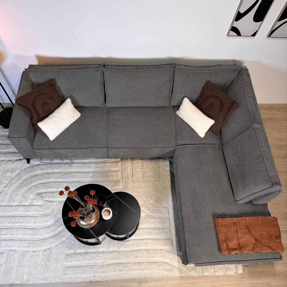 Canapé d'angle avec chaise longue en chenille anthracite Yara - droit