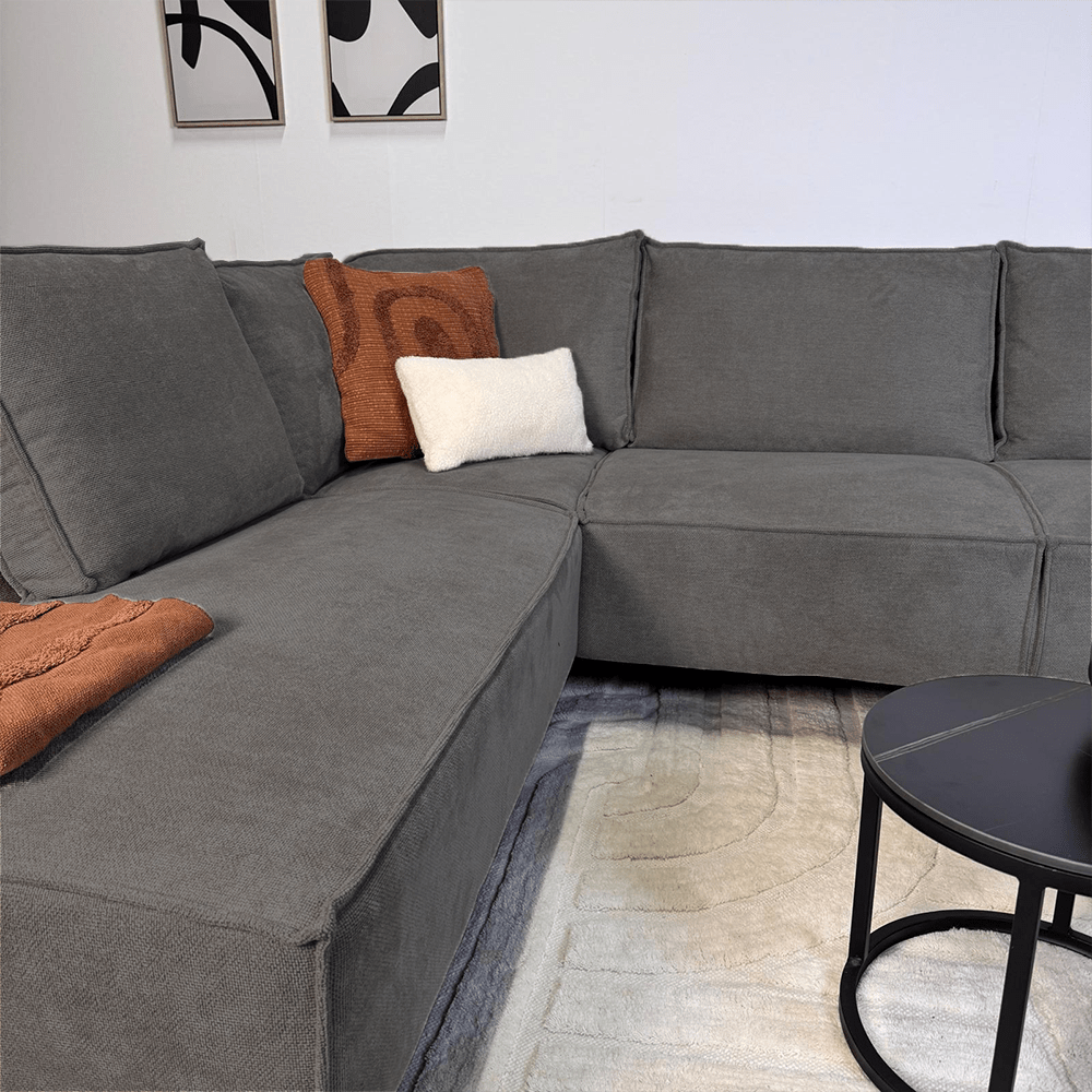 Canapé d'angle avec chaise longue en chenille anthracite Yara - gauche