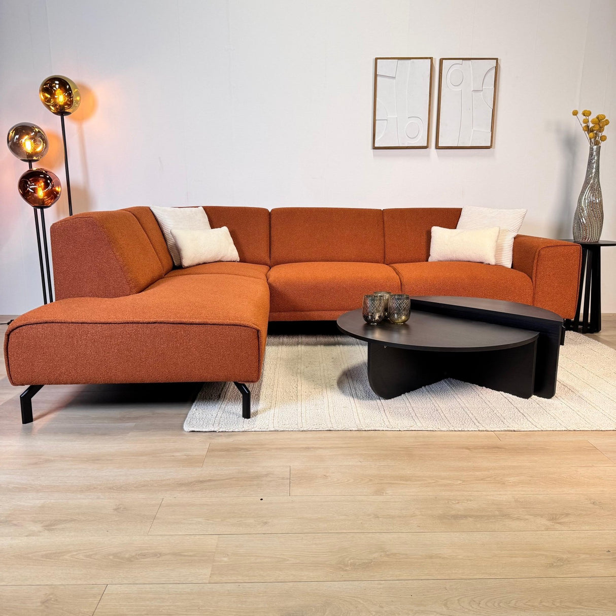 Canapé d'angle en tissu bouclé terracotta Maël - gauche