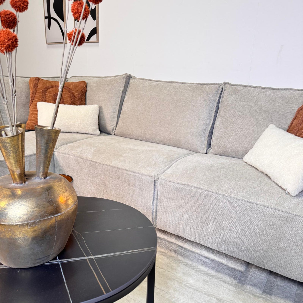 Canapé d'angle avec chaise longue beige en chenille Yara - gauche