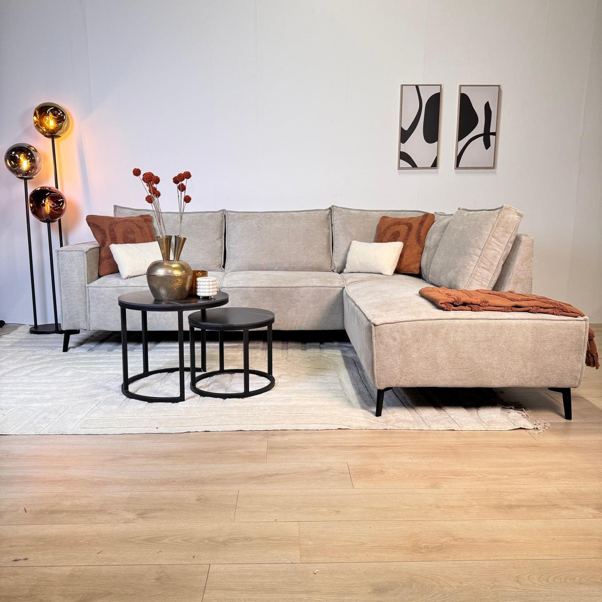 Canapé d'angle avec chaise longue beige en chenille Yara - droit