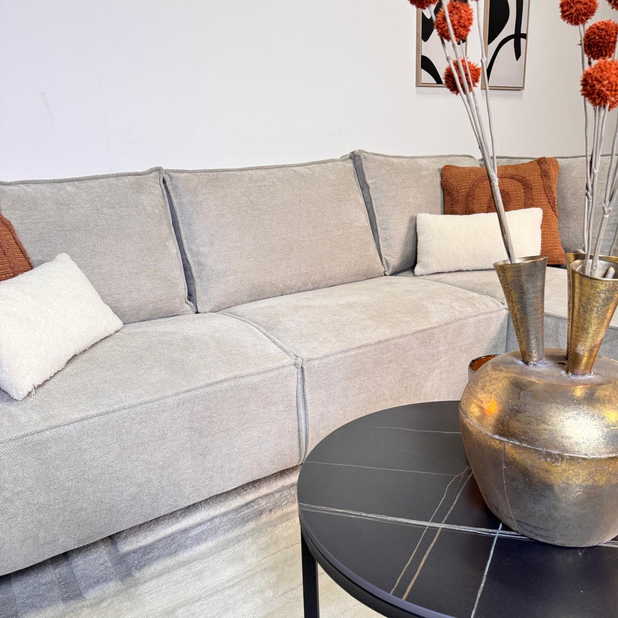 Canapé d'angle avec chaise longue beige en chenille Yara - droit