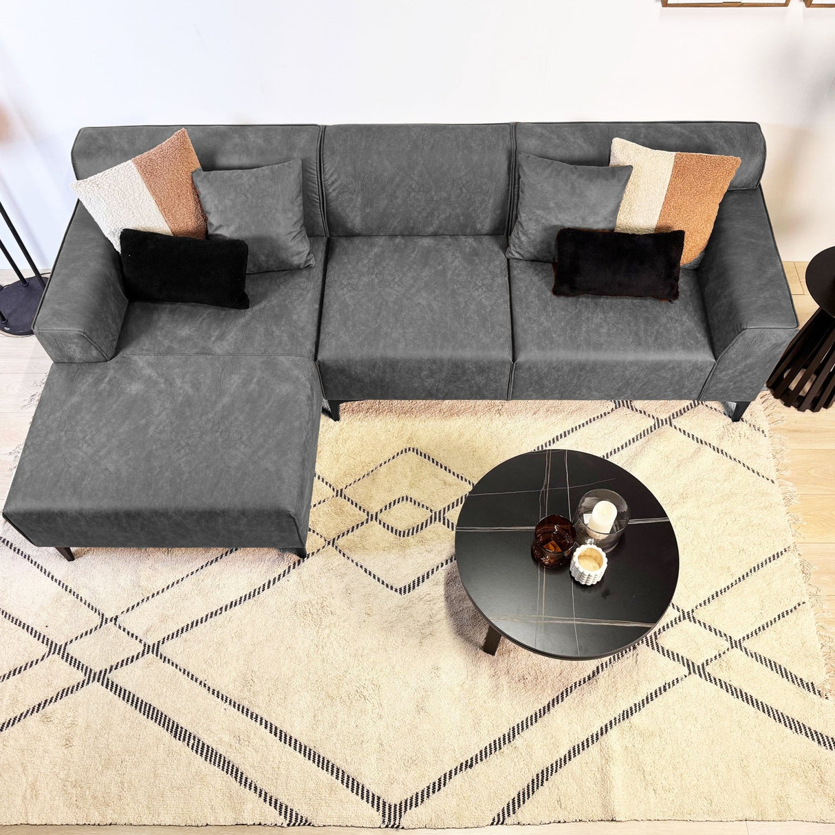 Canapé d'angle avec lounge compacte en microfibre anthracite Davidson - gauche