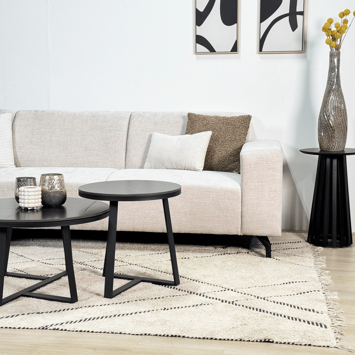 Canapé d'angle avec chaise longue en velours chenille beige Manon - gauche