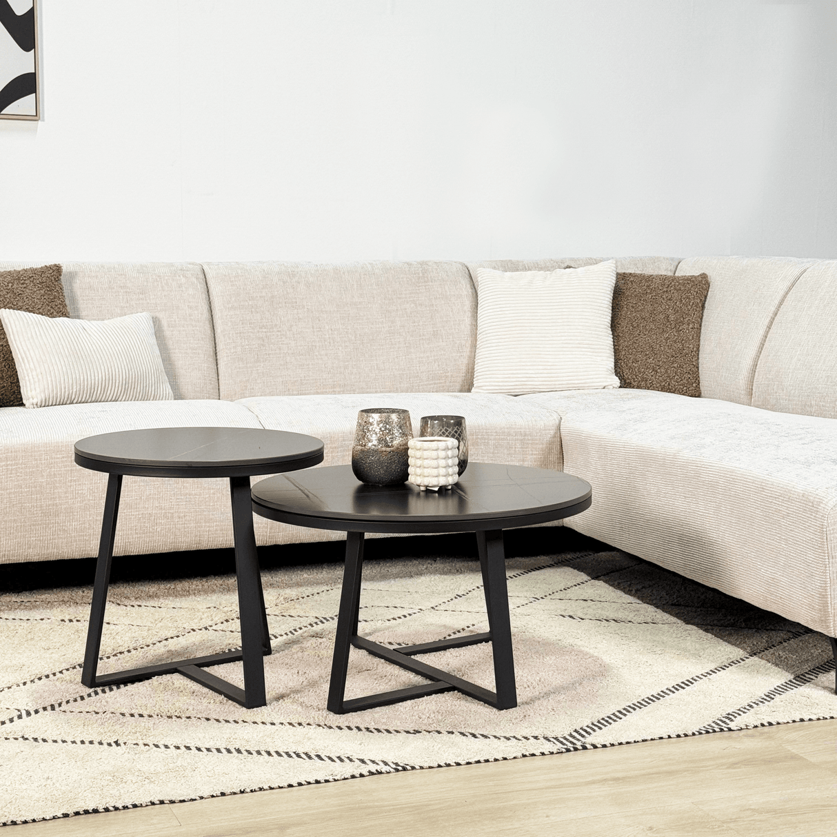 Canapé d'angle avec chaise longue en tissu chenille beige Manon - droit