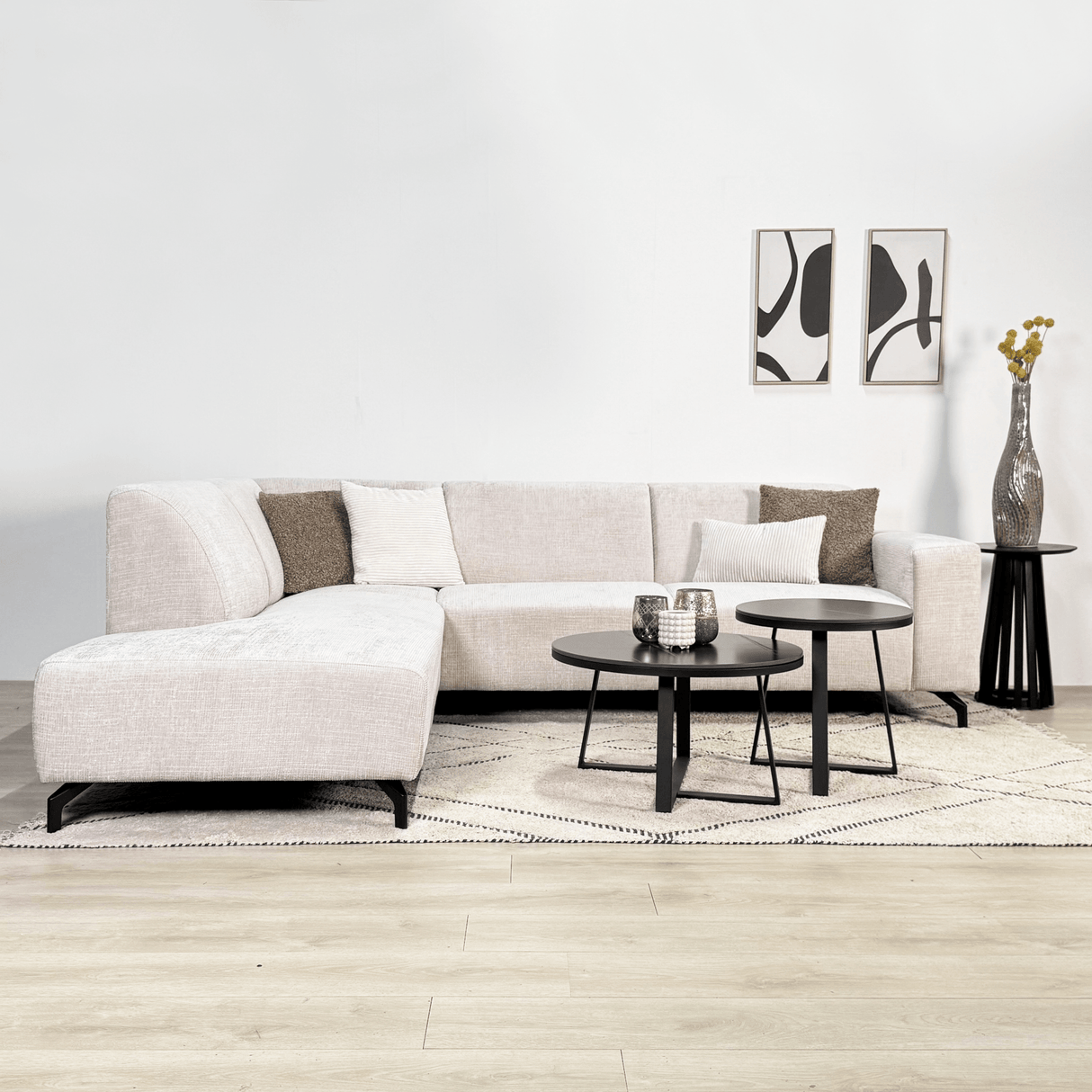 Canapé d'angle avec chaise longue en velours chenille beige Manon - gauche