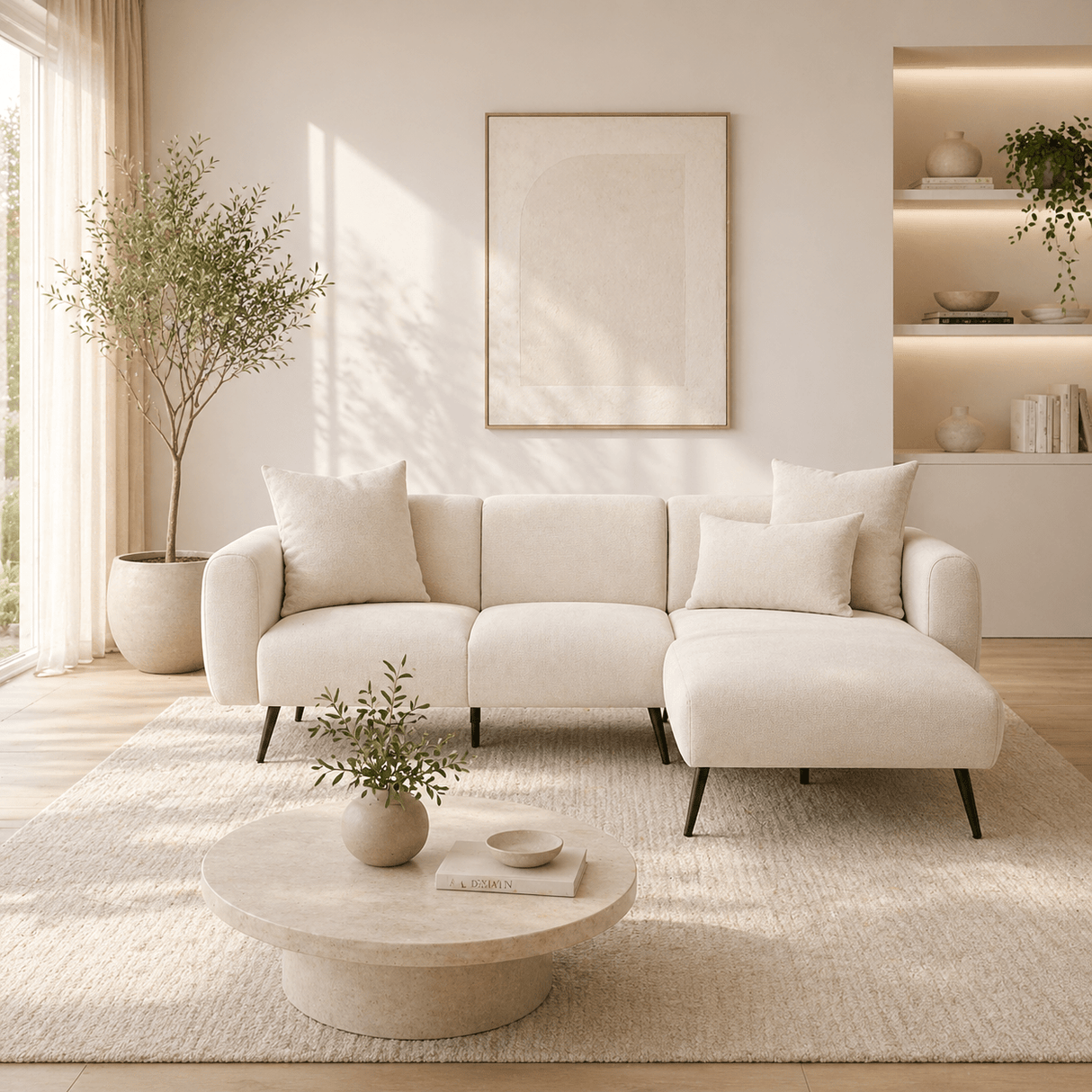 Canapé d'angle tissu crème - Pieds hauts fins - Intérieur uni - 252 x 155 cm - Côté
