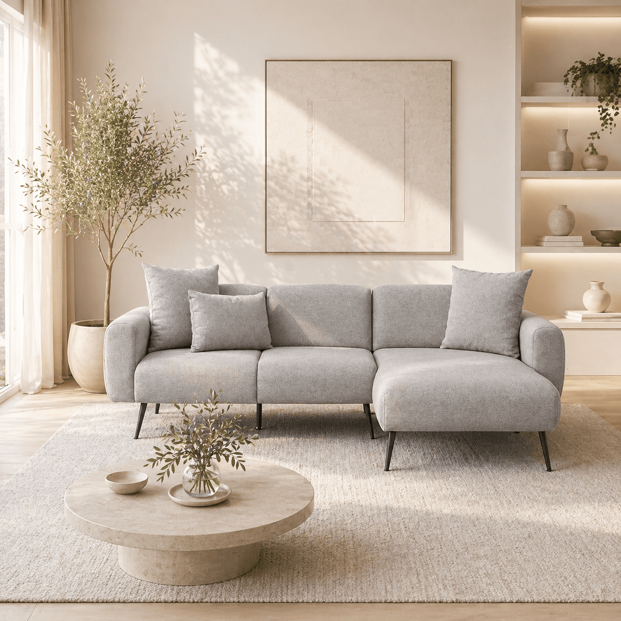 Canapé d'angle tissu gris - Pieds hauts fins - Intérieur uni - 252 x 155 cm - Côté