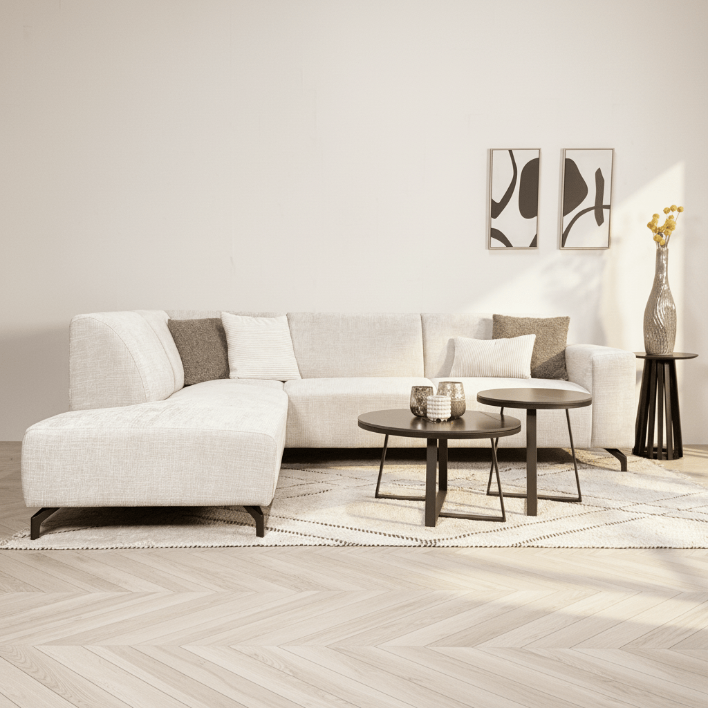 Canapé d'angle avec chaise longue en velours chenille beige Manon - gauche