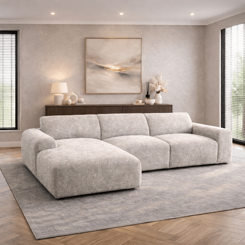 Canapé d'angle en tissu chenille beige Shane - à gauche