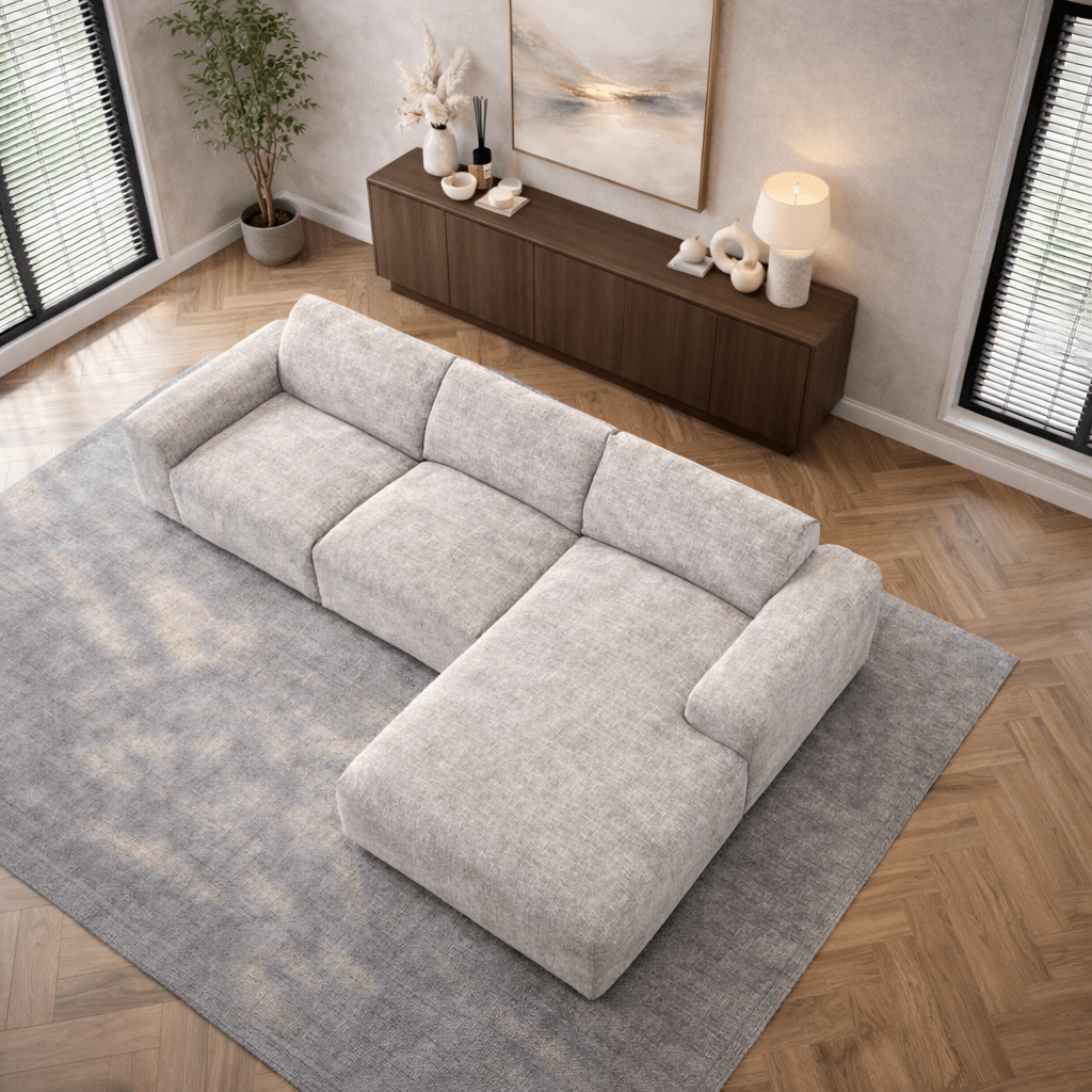 Canapé d'angle avec tissu chenille beige Shane - à droite