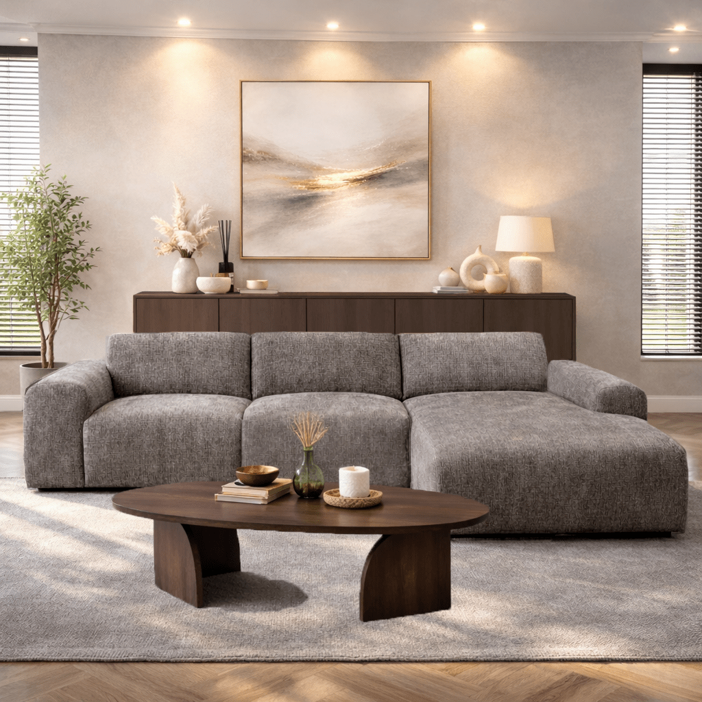 Canapé d'angle avec revêtement en chenille taupe Shane - à droite