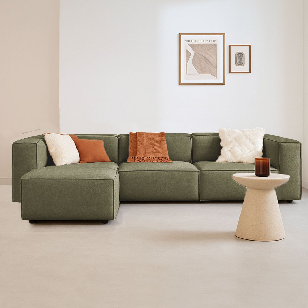 Canapé d'angle modulaire Fora avec pouf séparé en tissu lin - vert