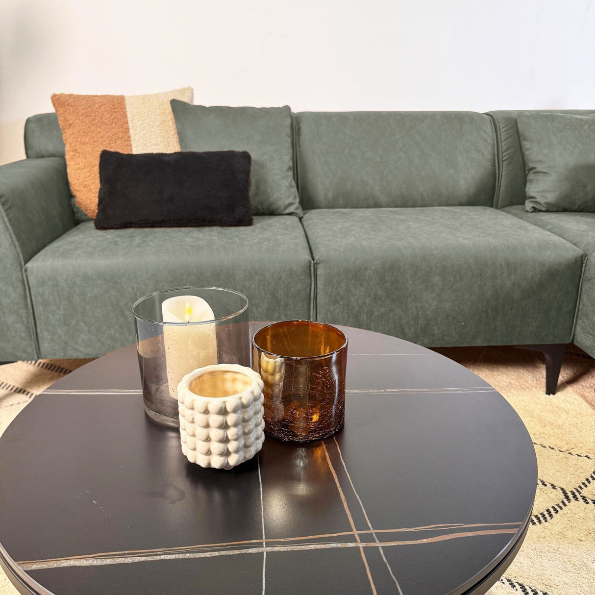 Canapé d'angle avec salon compact en microfibre vert Davidson - droit