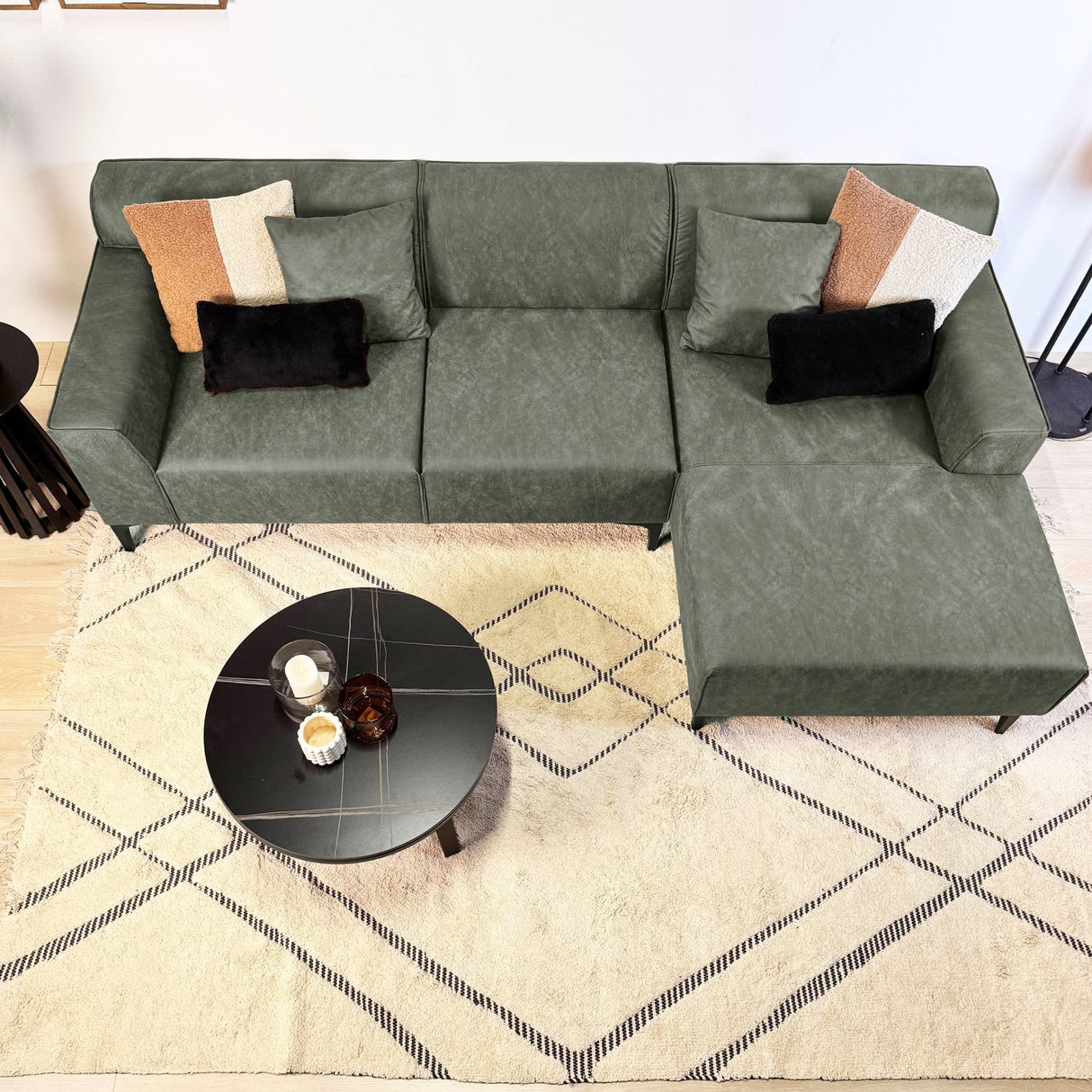 Canapé d'angle avec salon compact en microfibre vert Davidson - droit