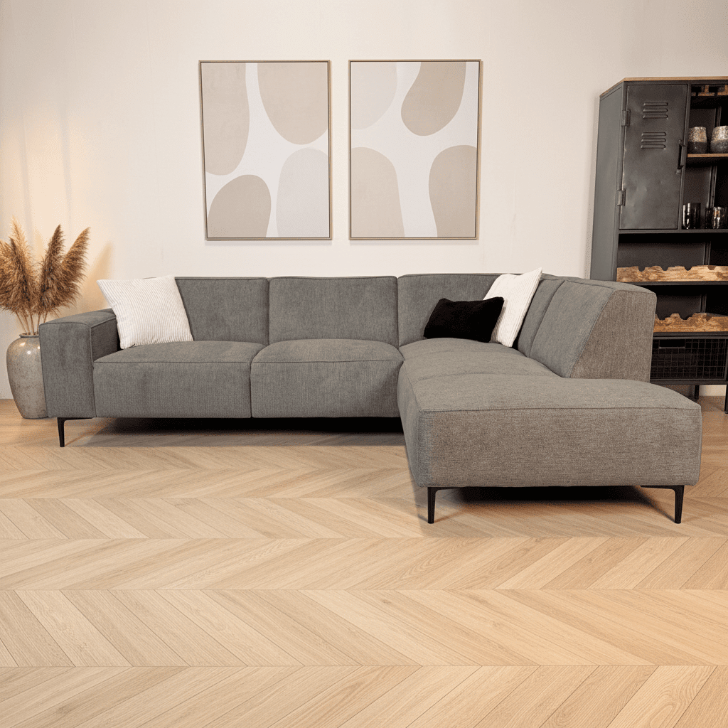 Canapé d'angle taupe en chenille tissée Ravi – droit