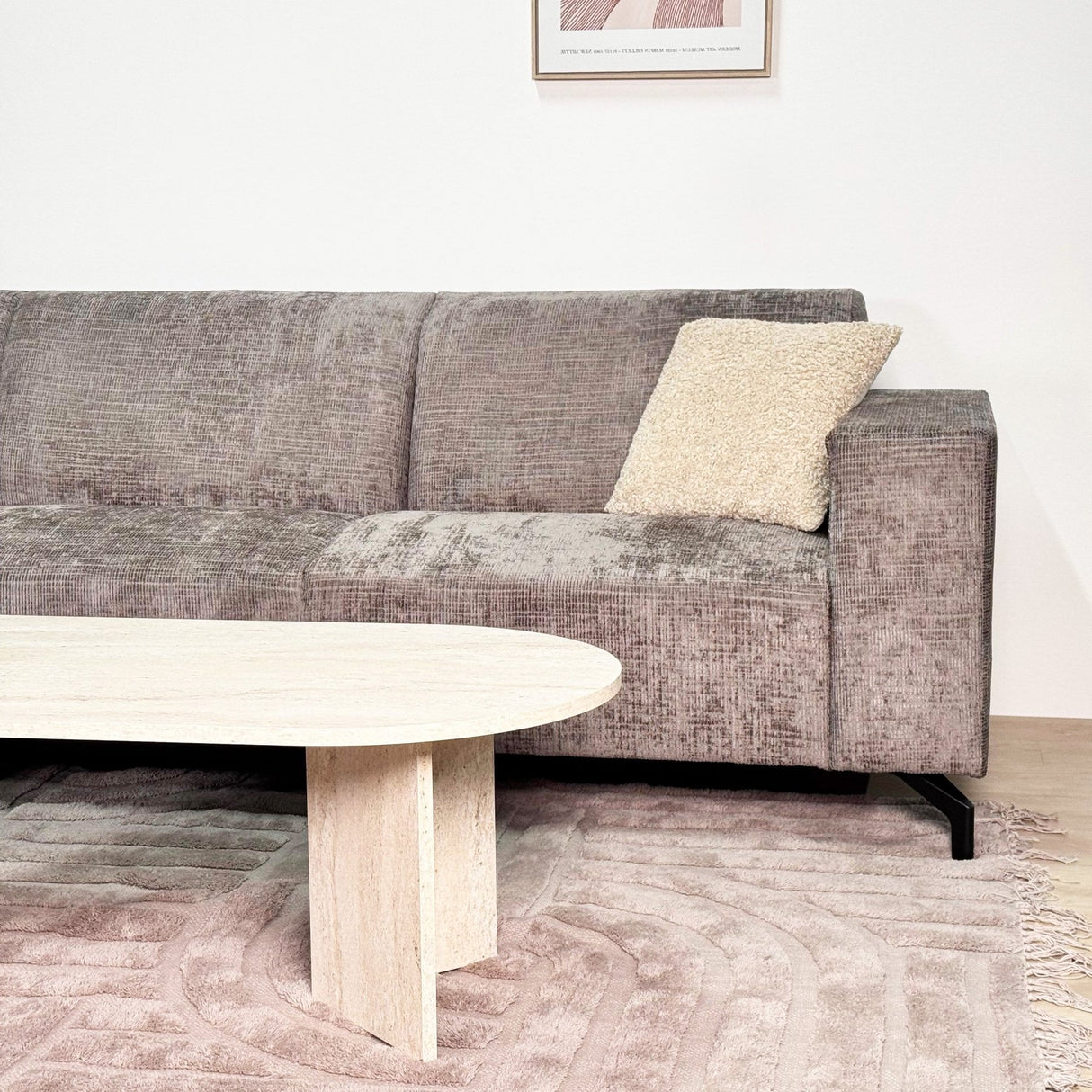 Canapé d'angle avec chaise longue en velours chenille taupe Manon - gauche