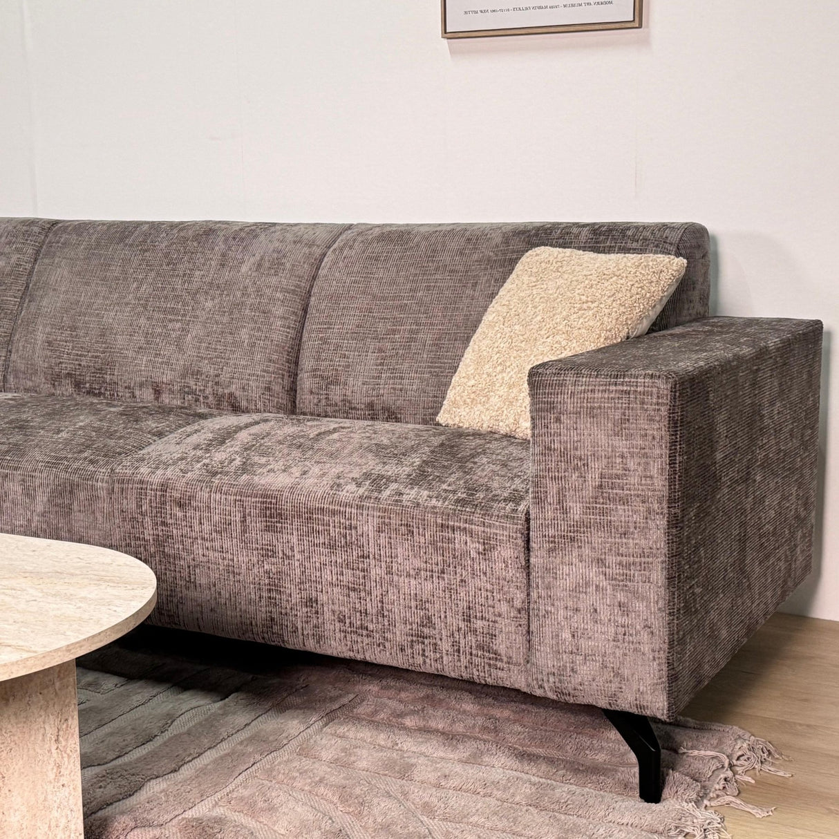 Canapé d'angle avec chaise longue en velours chenille taupe Manon - gauche