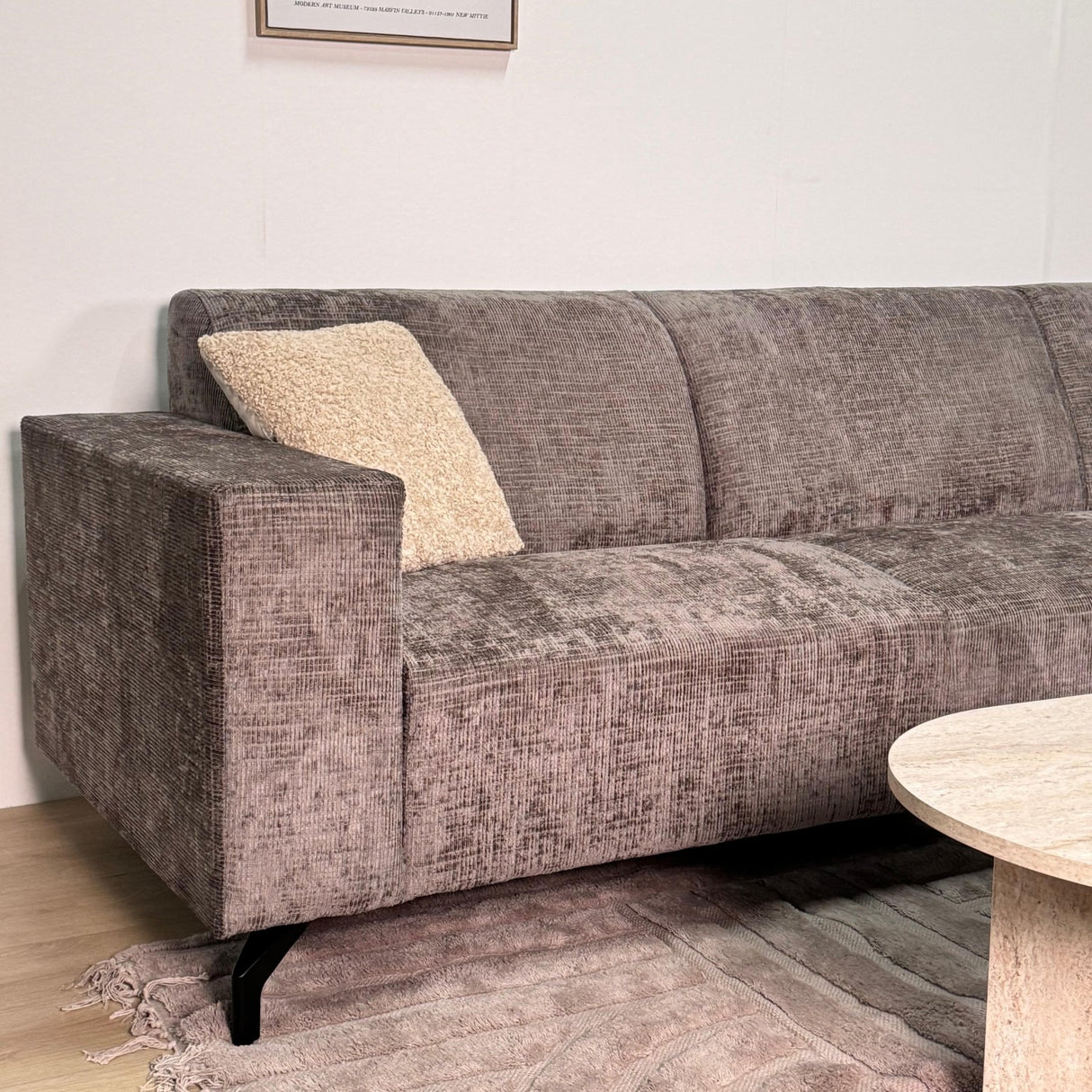 Canapé d'angle avec chaise longue en tissu chenille taupe Manon - à droite