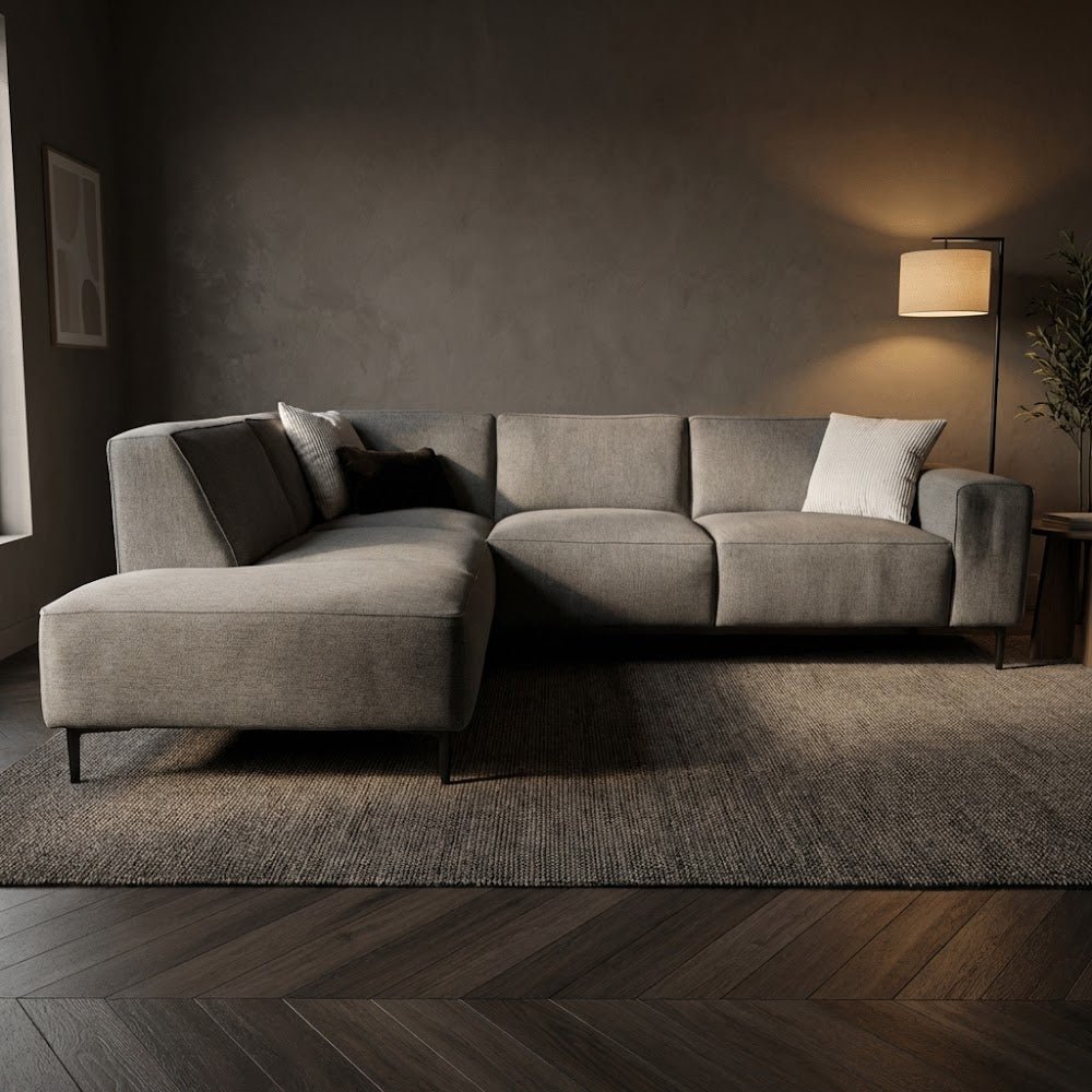 Canapé d'angle taupe en chenille rembourré Ravi – gauche