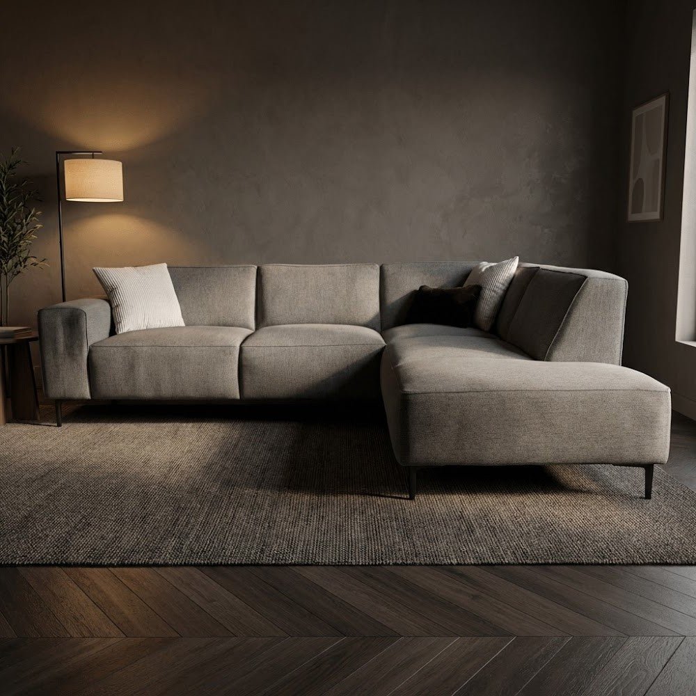 Canapé d'angle taupe en chenille tissée Ravi – droit