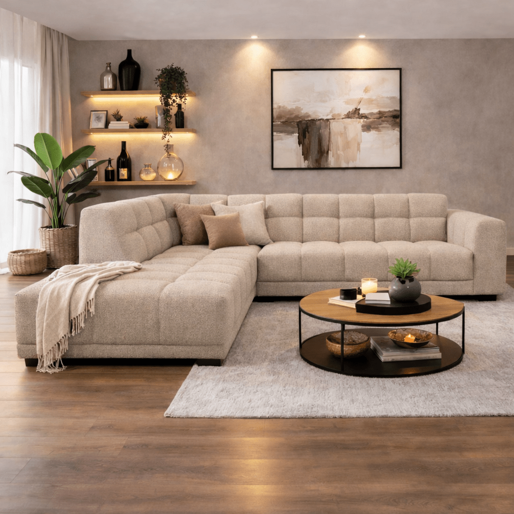 Canapé d’angle avec méridienne en tissu bouclé beige Nova – gauche