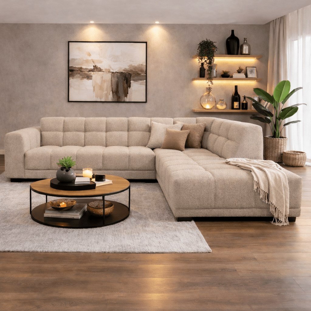 Canapé d’angle avec méridienne en tissu bouclé beige Nova – droite