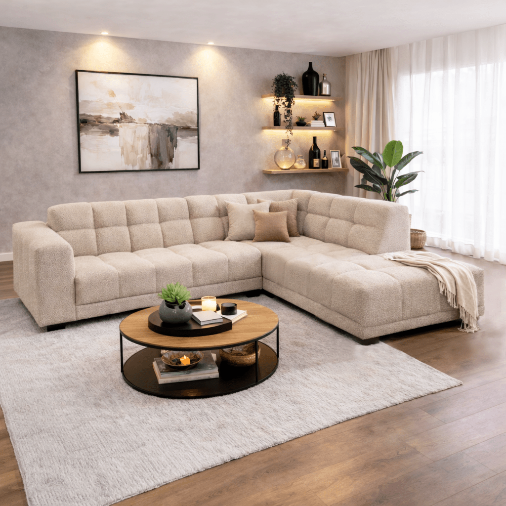 Canapé d’angle avec méridienne en tissu bouclé beige Nova – droite